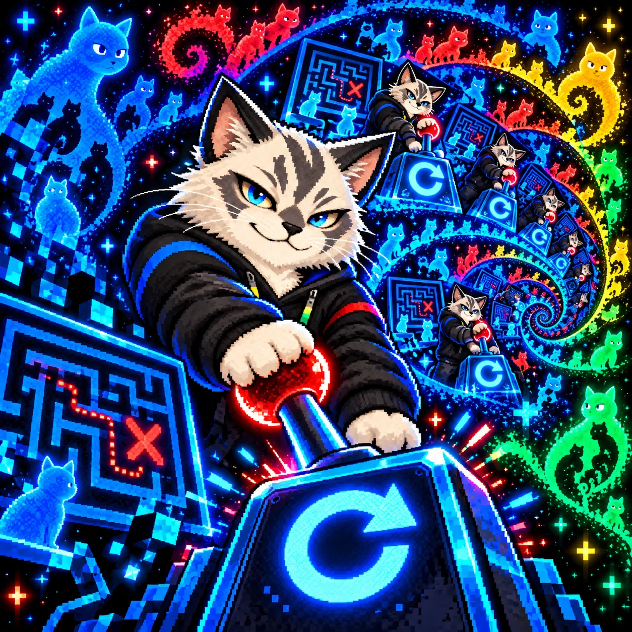 Recursive Self Cat pulling the replay lever inside a cat-fractal loop